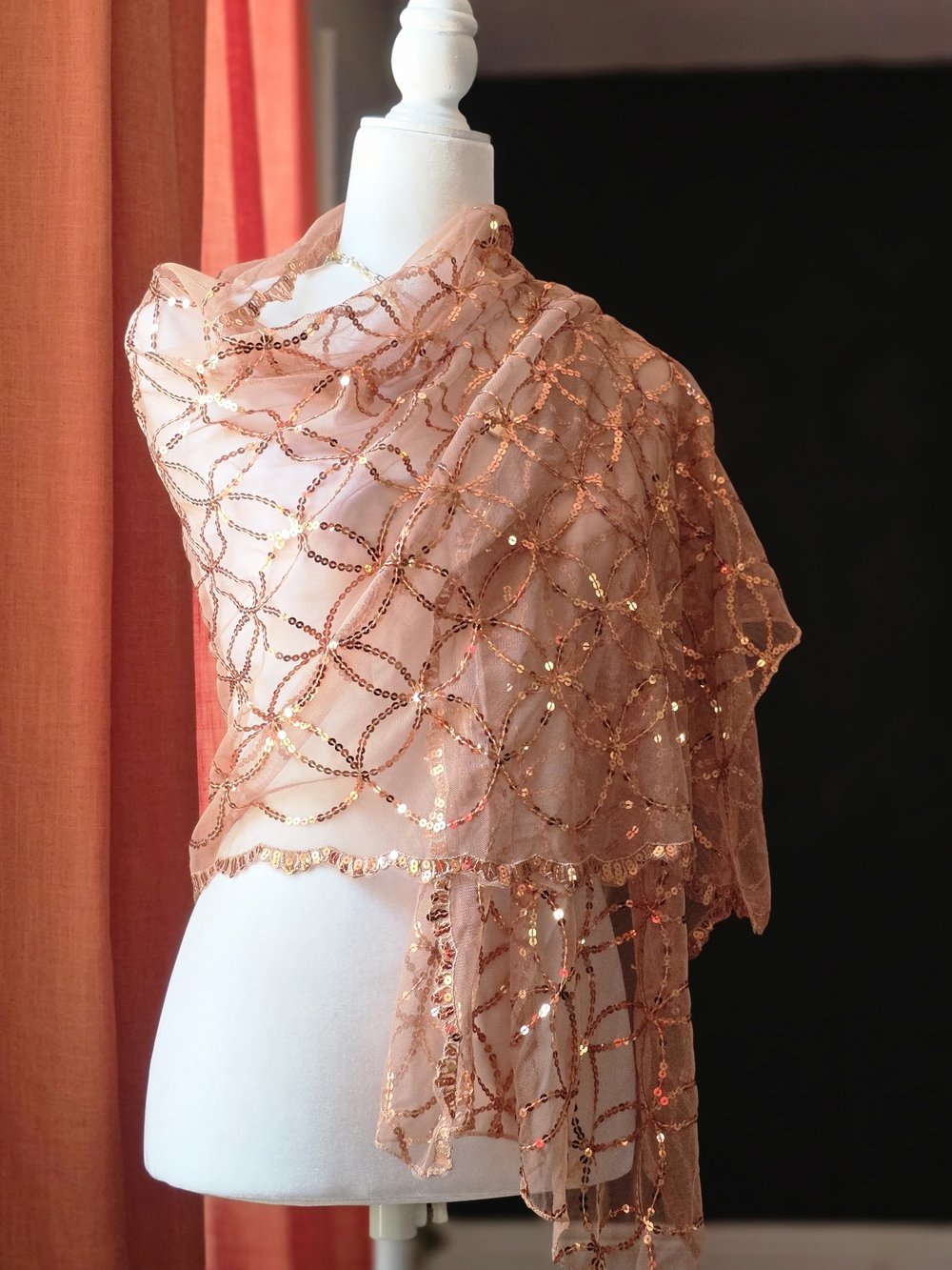 Sequined Sheer Scarf Wrap in Blush Peach